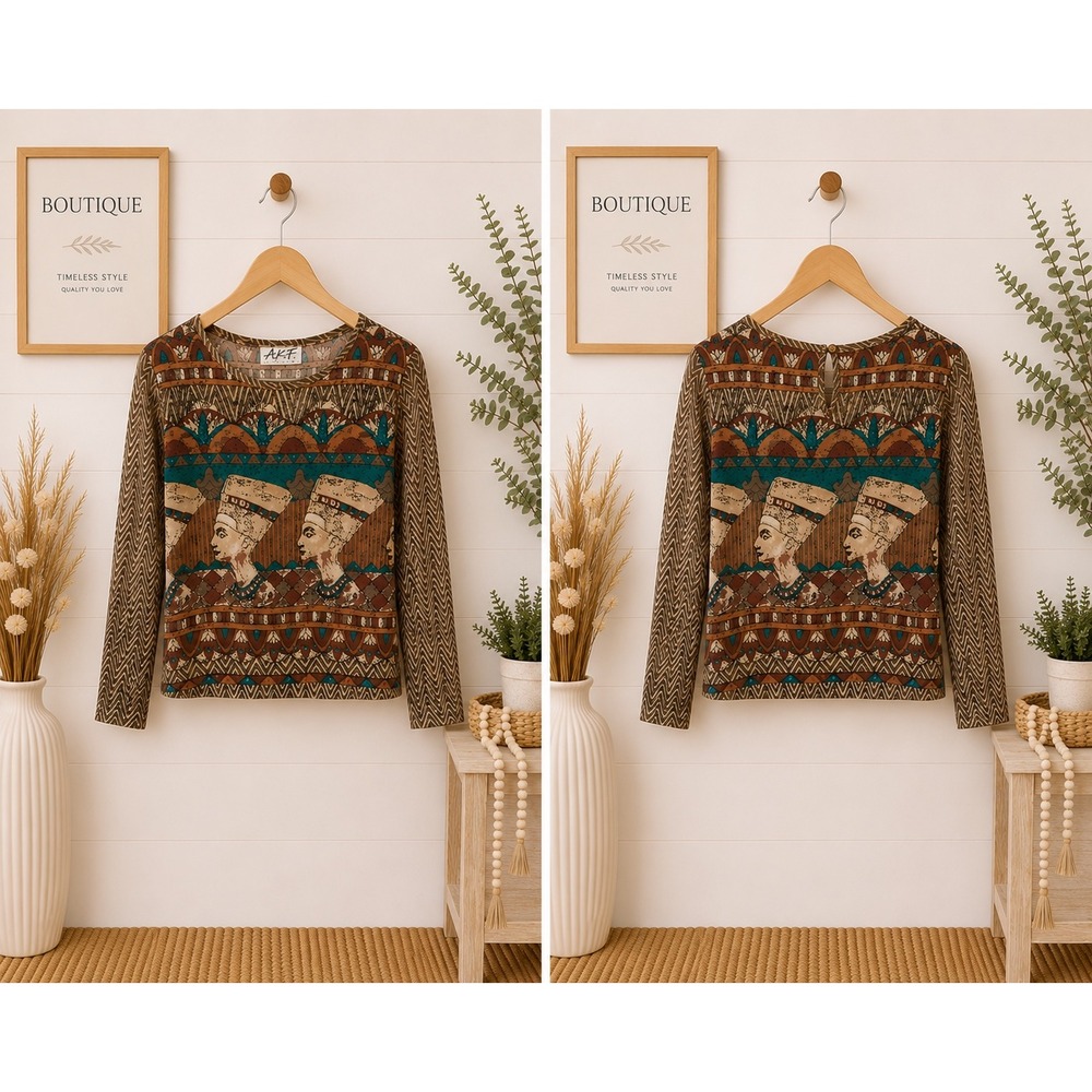 Vintage AKF New York Egyptian Nefertiti Print Rayon‎ Blouse Brown Teal PS USA